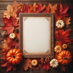  An empty frame lies on a wooden surface, surrounded by fallen leaves in various shades of red, orange, and yellow. Several pumpkins and pine cones are also scattered around the frame.