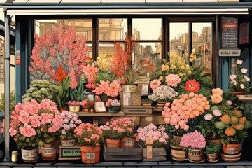 Ukiyo-e art print style flower shop plant architecture arrangement.