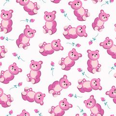 Cute toy pink bear and flower, rose. The pattern seamless. Teddy bear cartoon, soft toy Teddy. Vector background.