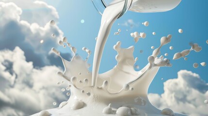 A jug of milk magically floating, milk pouring out and forming a splash against a sky blue background, - obrazy, fototapety, plakaty