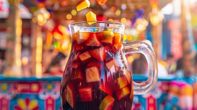 A pitcher of sangria suspended, with fruit pieces floating around in a dance, set against a festive, colorful backdrop,