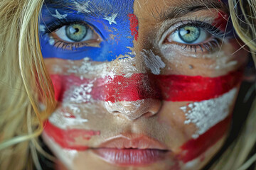 A woman with patriotic face paint in the colors of the American flag, red, white, and blue.