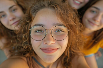 A group of young women wearing glasses smiling happily for the camera.
