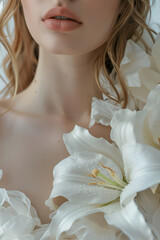 A young bride in a wedding dress decorated with delicate lily flowers