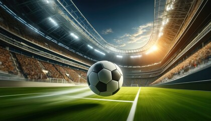 The ball flies on the soccer floor, evening at the stadium, FIFA World Cup, UEFA European Football Championship, UEFA Euro 2024