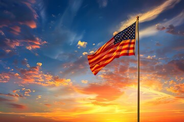 American flag on a flagpole against a sunset sky - Powered by Adobe
