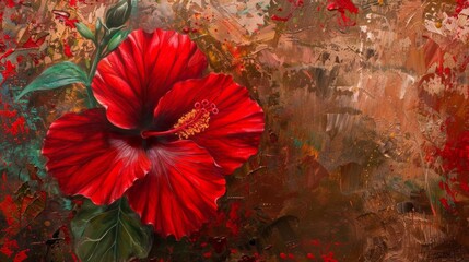 Red flower and green leaves on brown backdrop