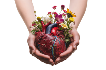 Hand-holding Heart organ with blooming flowers isolated on a transparent background. organ donation and volunteer concept.