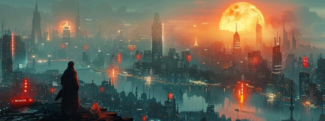 A futuristic cityscape with glowing Bitcoin symbols in the sky, celebrating a Bitcoin halving event.