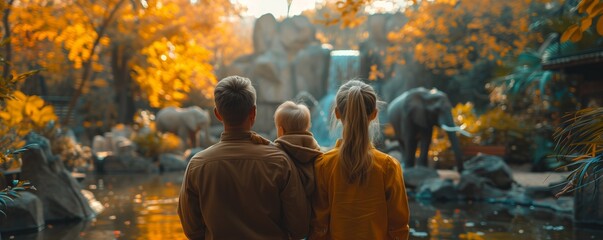 Family watching elephants in a blurred zoo