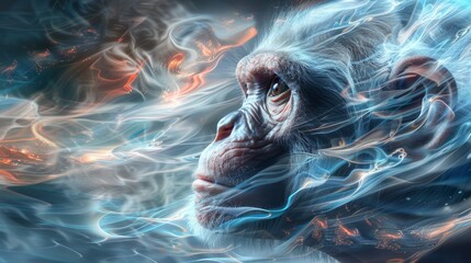 A monkey is shown in a painting with smoke and water - obrazy, fototapety, plakaty