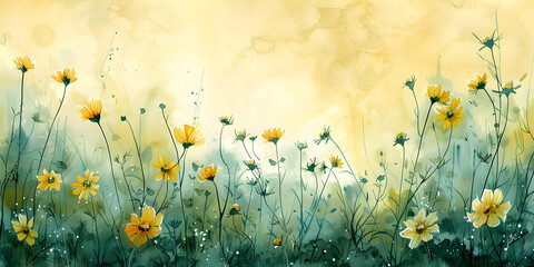 A serene and colorful watercolor abstract of a meadow botanical, perfect for nature-themed designs and artworks.
