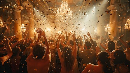 In a grand ballroom, adorned with opulent chandeliers, a jubilant crowd celebrates with champagne and confetti, evoking a feeling of opulence and festivity, suitable for event promotion