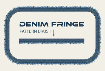 Rectangular denim frame. Pattern brush with denim fabric, double topstitching, fringe. Design element in vintage style.