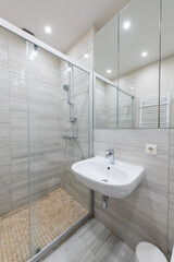 Fototapeta na wymiar Bright Elegant Modern Minimalist Bathroom Interior Design of Shower Room With White Sink. Bathroom Accessories, Gray Walls, Concrete Floor, Mirror