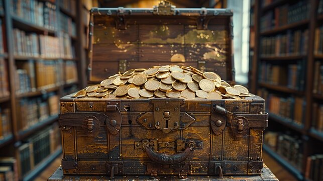 An antique treasure chest brimming with gold coins amidst a library, symbolizing wealth of knowledge, perfect for educational themes and as a metaphor in financial literature