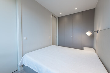Minimalism Bedroom Interior. Wardrobe in Background. Coffee Table and Light