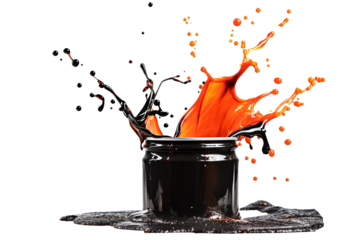 Hot asphalt splashes in a black bucket isolated on a transparent background