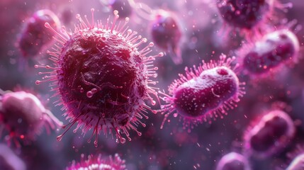 Dramatic close-up virus of colorful viral particles in a dynamic environment, simulating a hostile microbiological landscape; Concept of virology, immunology, and biological research