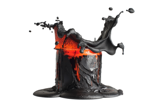 Hot asphalt splashes in a black bucket isolated on a transparent background