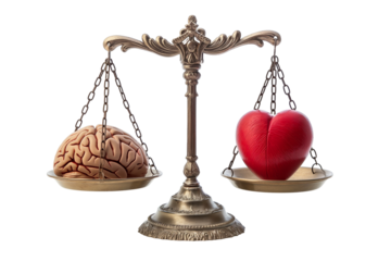 The human brain and heart are on scales isolated on a transparent background. Balance of heart and brain, emotions and logic