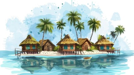 Bungalows and palm trees on a tiny tropical island surrounded by blue sea water. The concept of a comfortable secluded holiday. Illustration for cover, card, postcard, interior design, decor or print