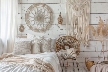 Boho chic decor accents against a soft transparent white backdrop, perfect for eclectic compositions