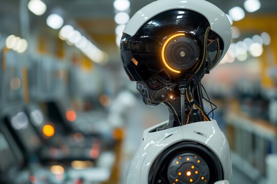 An ultra wide angle, high definition image quality, clean background, minimalist style, panoramic full body of a humanoid robot working in a factory.