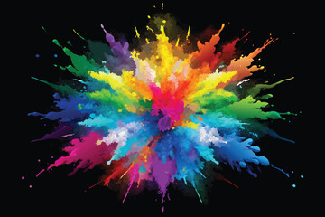 colorful rainbow holi paint color powder explosion vector, isolated wide black panorama background