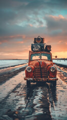 A red car with a lot of luggage on top of it. The car is parked on a road with a lot of snow. The scene is very peaceful and serene