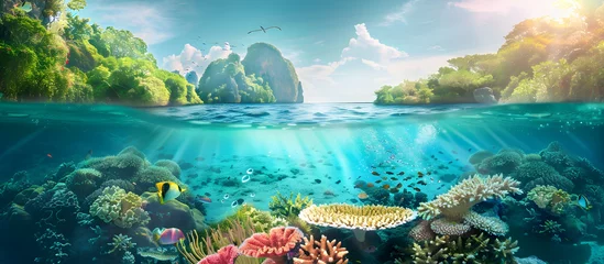  A beautiful underwater scene with clear blue water, lush greenery and colorful coral reefs, a tropical island in the background © DESIRED_PIC