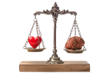 The human brain and heart are on scales isolated on a transparent background. Balance of heart and brain, emotions and logic