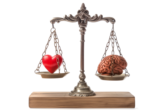 The human brain and heart are on scales isolated on a transparent background. Balance of heart and brain, emotions and logic
