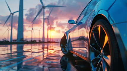 Eco-friendly transportation meets sustainable energy: Electric car drives through a wind turbine farm.