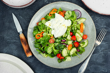 Appetizing salad with burrata cheese and vegetables