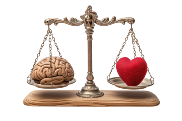 The human brain and heart are on scales isolated on a transparent background. Balance of heart and brain, emotions and logic