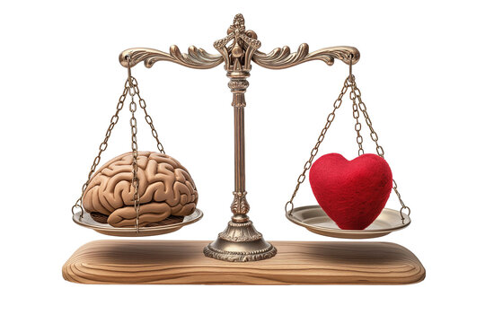 The human brain and heart are on scales isolated on a transparent background. Balance of heart and brain, emotions and logic