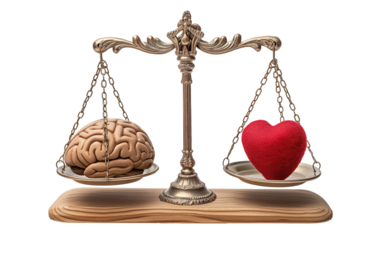 The human brain and heart are on scales isolated on a transparent background. Balance of heart and brain, emotions and logic