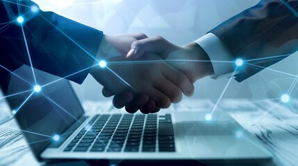 Businessmen use laptop with virtual handshake icon for business joint venture concept, data exchange customer connection, teamwork and successful business. 