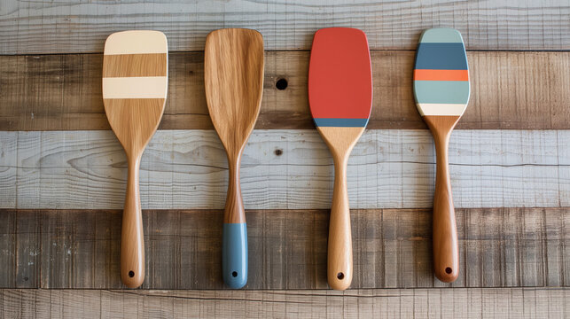 Decorative oars with modern design on vintage wooden backdrop