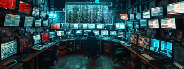 A hacker's lair with multiple screens, one prominently displaying a halving countdown amidst chaotic code streams.