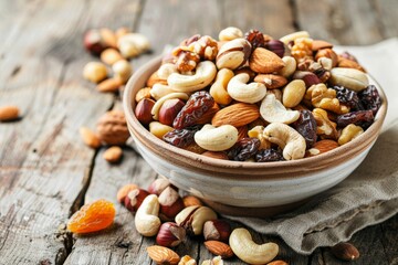 Bowl of mixed nuts and dried fruits, a nutritious and satisfying snack - Powered by Adobe