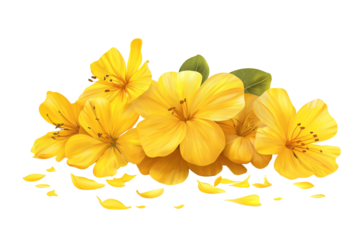 Yellow primrose clustered flowers and green leaves isolated on a transparent background