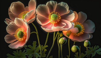 The image shows several orange anemone flowers with yellow centers. The flowers are in focus and have a dark background.

