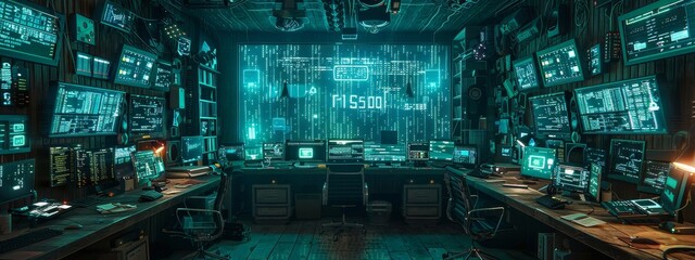 A hacker's lair with multiple screens, one prominently displaying a halving countdown amidst chaotic code streams. - obrazy, fototapety, plakaty