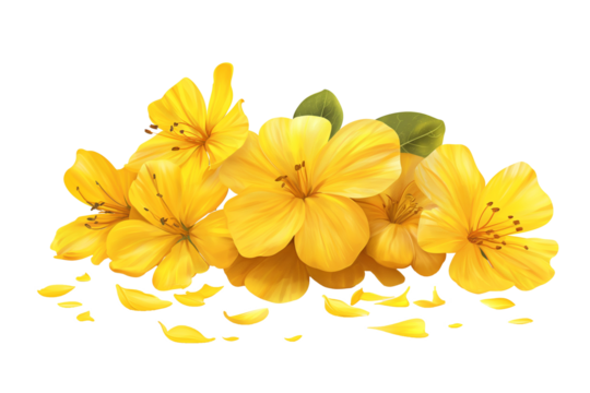 Yellow primrose clustered flowers and green leaves isolated on a transparent background
