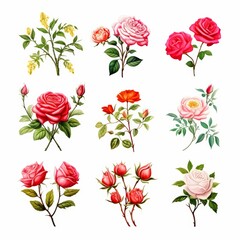 Exquisite collection of watercolor roses, each painted with delicate strokes, isolated on a white background, water color, drawing style, isolated clear background