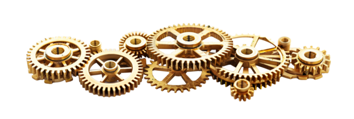 Golden gears and cogwheels on a transparent background