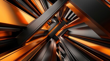 Generative AI-created abstract background featuring black and orange panels in a dynamic geometric pattern