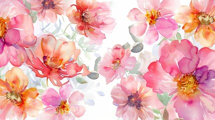 Gentle array of watercolor flowers in full bloom, each flower subtly colored and distinct, set against a white background